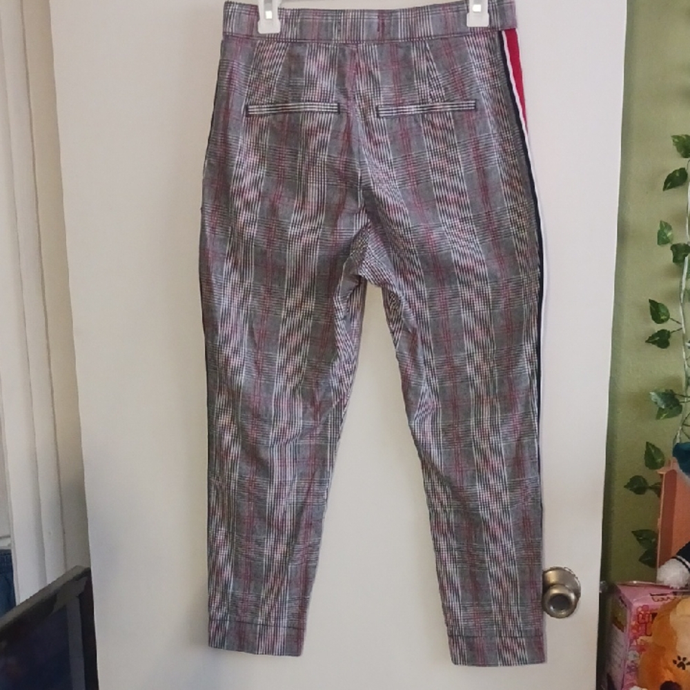 Gray Plaid Womens Cropped Pants with Side Stripe